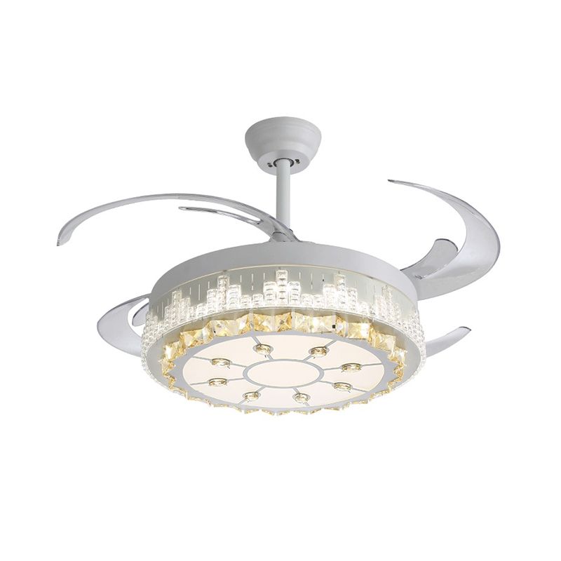 4 Blades LED Pendant Fan Lamp Contemporary Circular Clear Crystal Blocks Semi Flush Mount, 19" Width