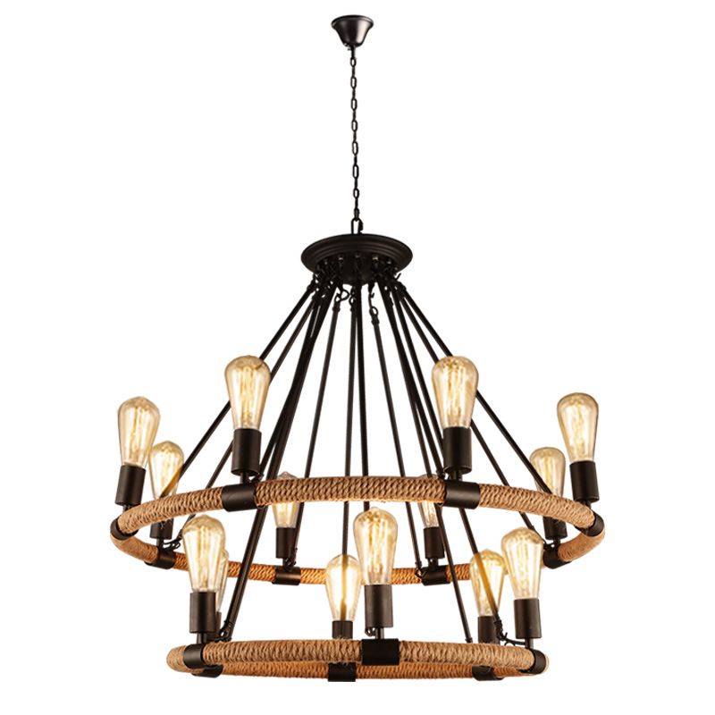 Black Metal Iron Frame Chandelier Retro Industrial Rope Circular Suspension Light for Dining Room Table