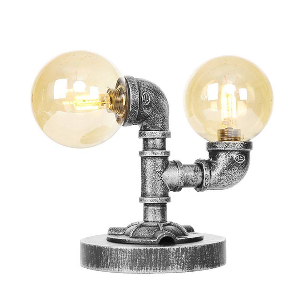 2-Light Desk Lamp Industrial Round Shade Clear/Amber Glass Table Lighting in Antique Silver