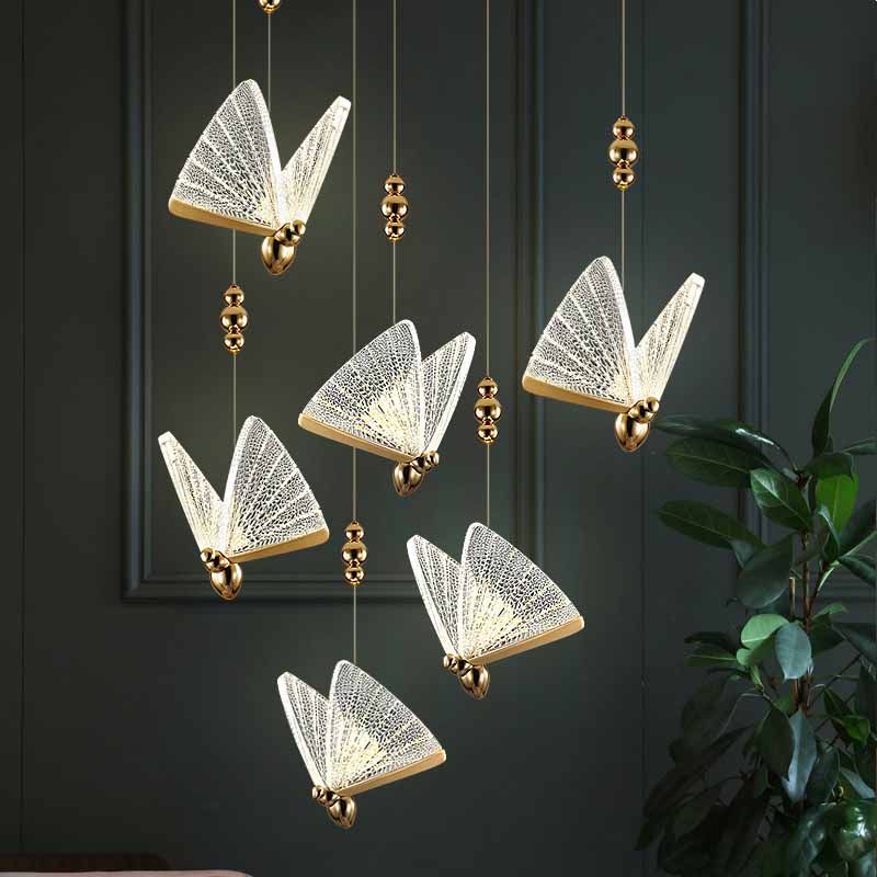 Modern Butterfly Pendant Light Fixture Metal LED Bedroom Pendant Ceiling Light in Clear