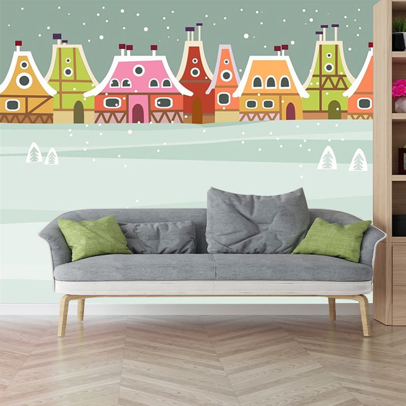 Fantasy Snowy Town Wallpaper Murals for Nursery Customized Wall Decor in Pink-Green-Grey