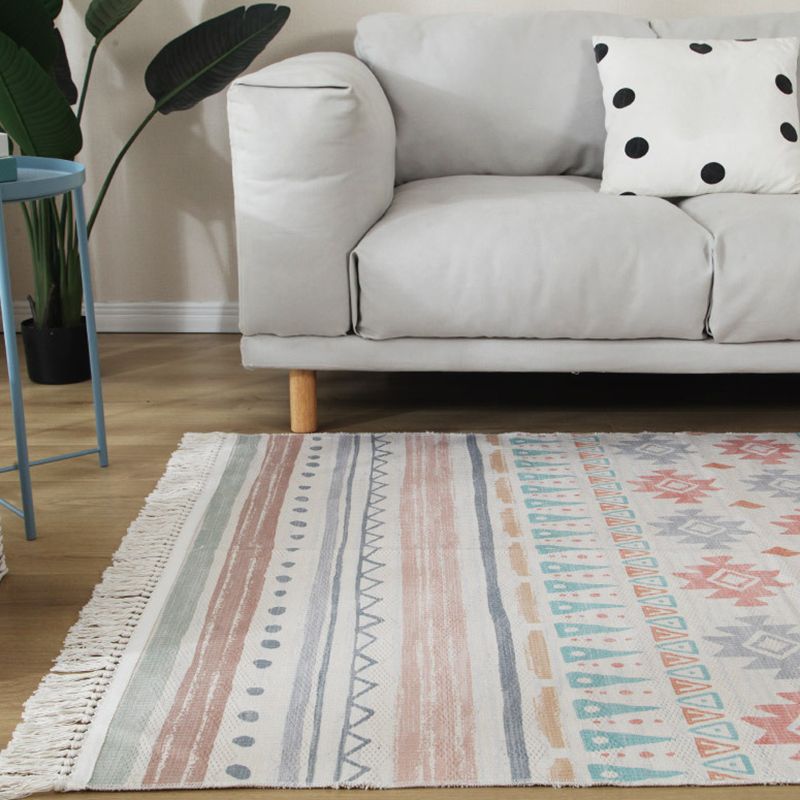 Bohemian Tribal Print Rug Fringe Design Carpet Washable Cotton Blend Indoor Rug for Living Room