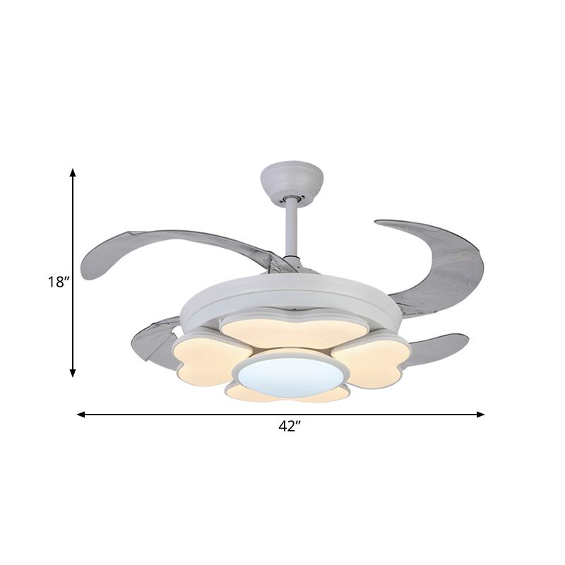 42" W LED Acrylic Hanging Fan Lamp Nordic White Ring  Bedroom Semi Flush Mount Light Fixture with 4 Blades, Remote/Wall Control/Remote and Wall Control