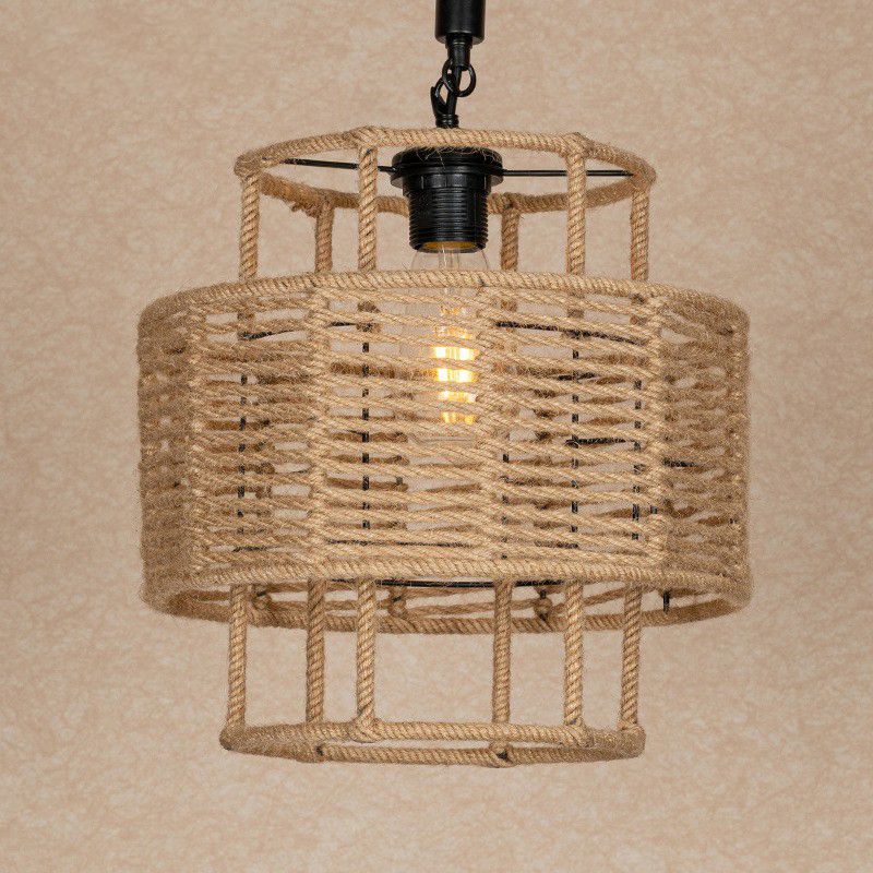 2-Layered Cylinder Rope Pendant Lamp Farmhouse 1 Head Living Room Ceiling Hang Light in Brown