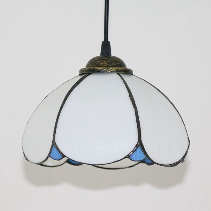 Wide Flare White/Blue/Textured White Handcrafted Art Glass Ceiling Light Tiffany-Style 1 Head Suspended Lighting Fixture