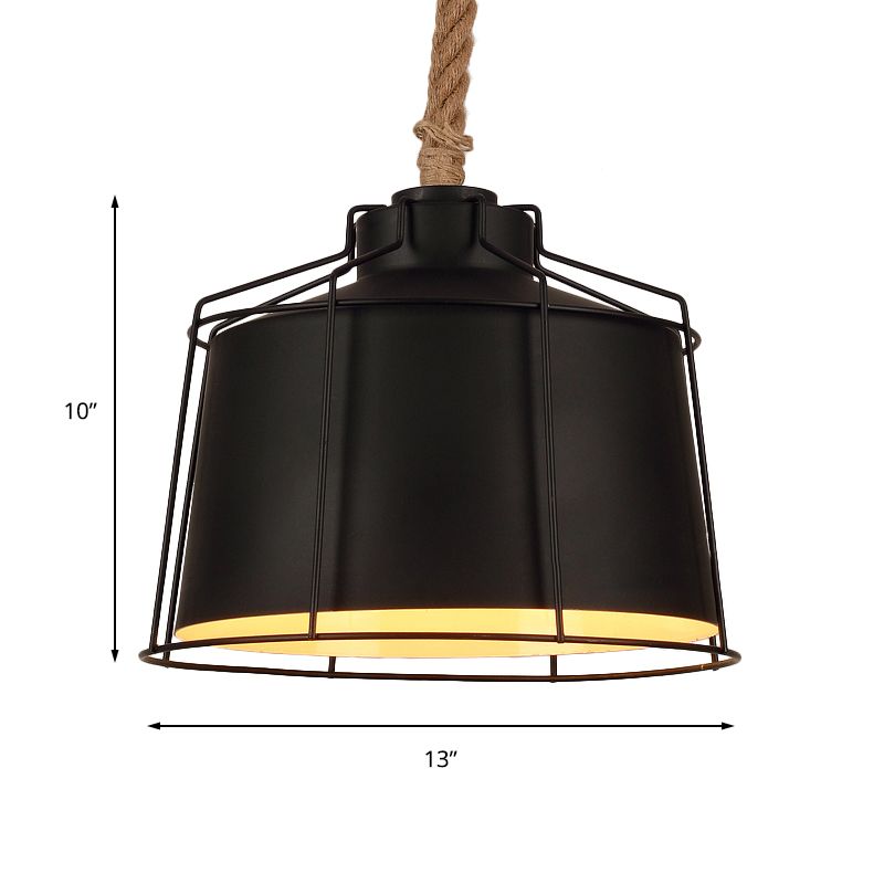 Metallic Tapered Ceiling Pendant Light Loft Style 1 Light Restaurant Ceiling Light with Wire Frame and Rope Cord in Black