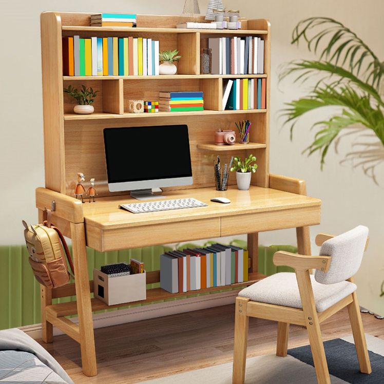 Solid Wood Study Desk with Storage Drawer with Storage Shelves Student Table