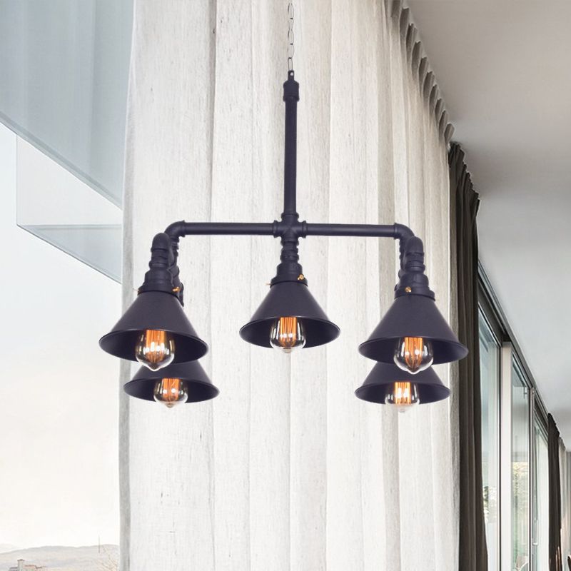 Metal Cone Pendant Chandelier Farmhouse 5-Bulb Living Room Ceiling Hang Fixture in Black/Bronze