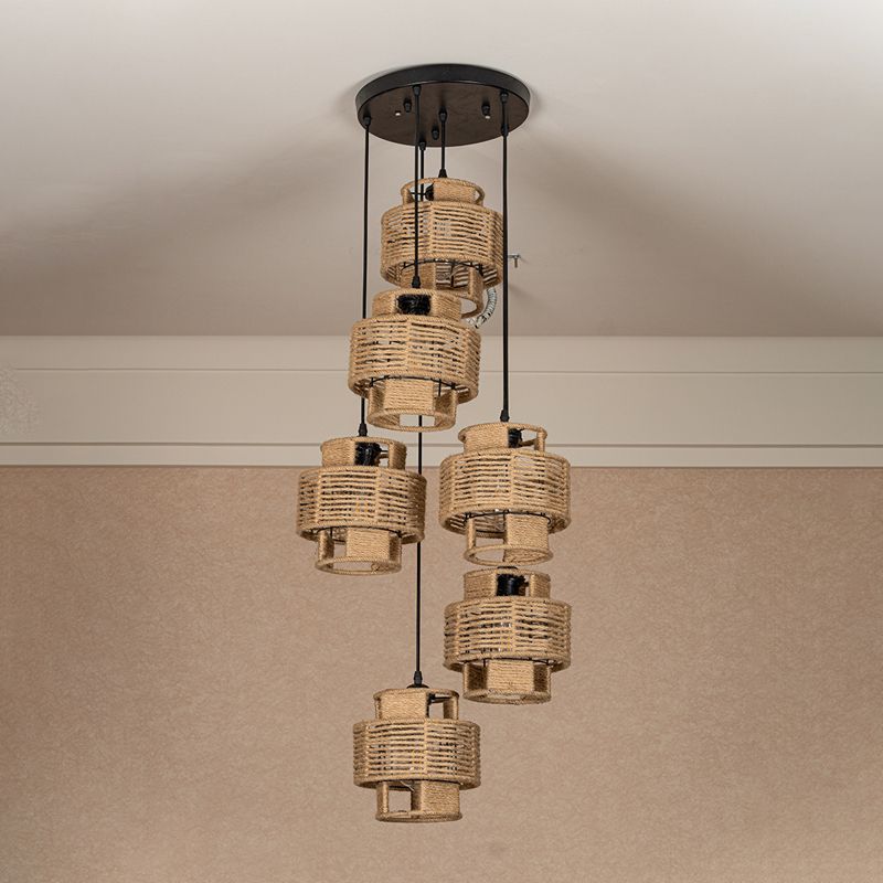 Lodge Style Round/Linear Canopy Pendant 3/6 Lights Roped Hanging Ceiling Light with Double Shade in Brown