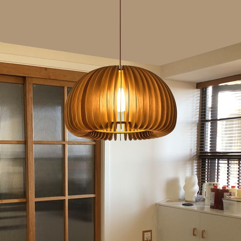 Solid Wood Pumpkin Pendant Light Nordic 1 Head Hanging Light for Dining Room