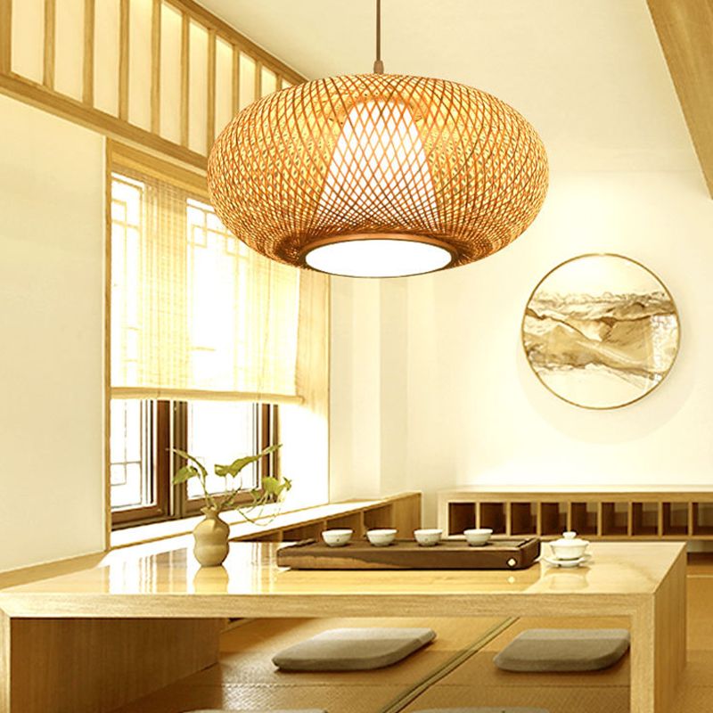 Wood Lantern Shape Pendant Light Modern Style 1 Light Hanging Lamp for Tea Room