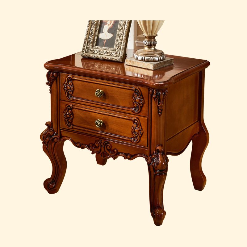 Traditional Night Table Red Wood Accent Table Nightstand with 2 Drawers