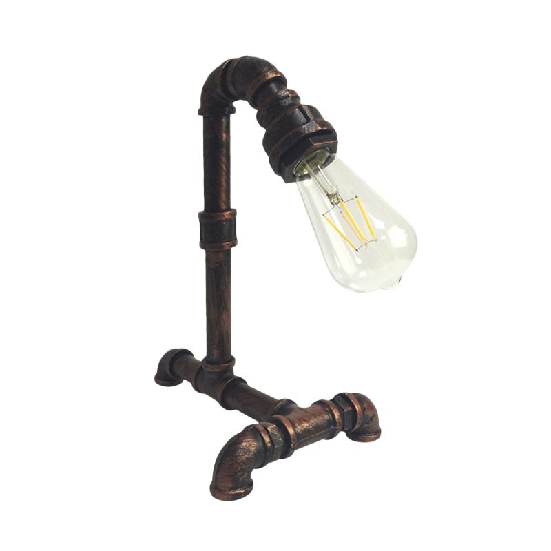 1 Light Exposed Bulb Arm Night Table Light Antiqued Rust/Black Metal Plug In Desk Lamp with Pipe-Like Base