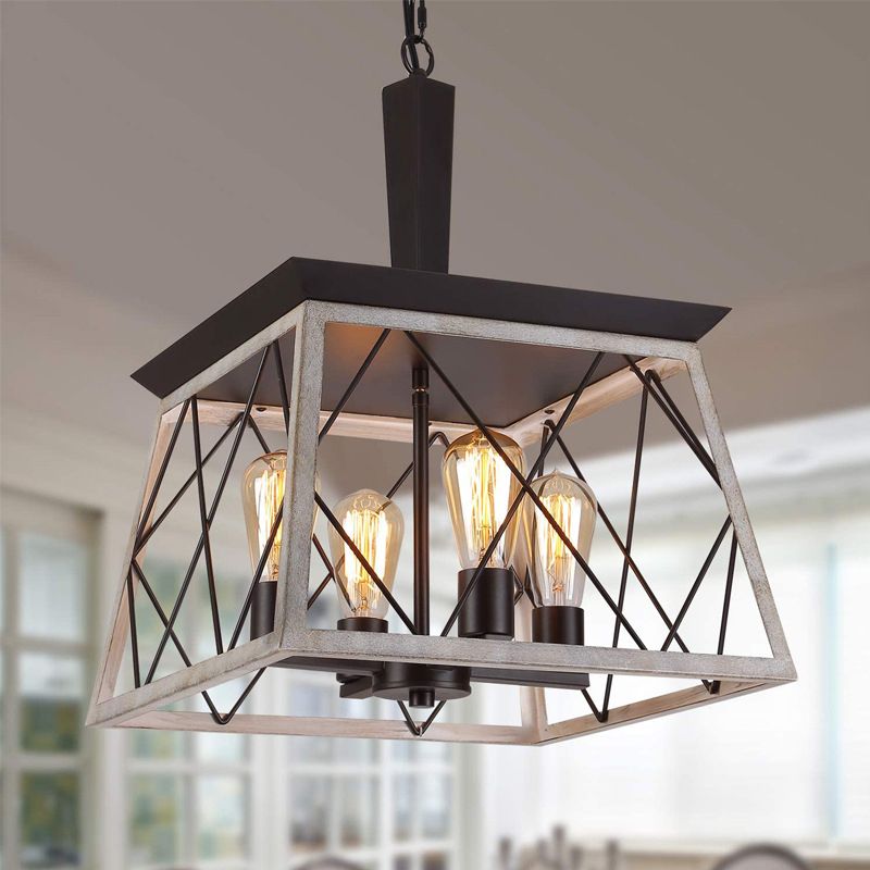 15 Inches Wide Industrial Style Hanging Lamp 4-Lights Retro Metal Iron Cage Pendant for Restaurant