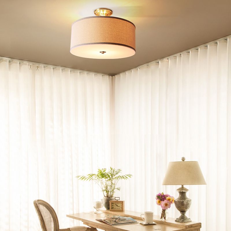 Fabric Cylinder Shape Flush Ceiling Light Modern Multi Lights Flush Light Fixture in Brass