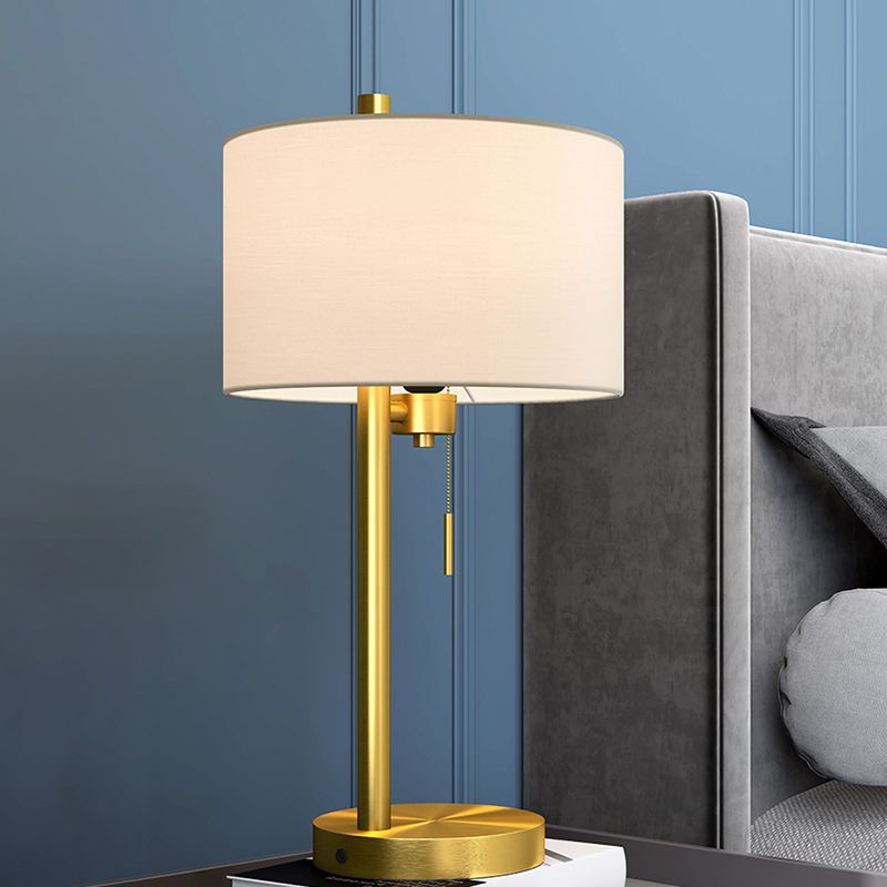 Fabric Drum Shape Reading Lamp Rustic Single Bulb Bedroom Nightstand Light with Pull Chain in Gold