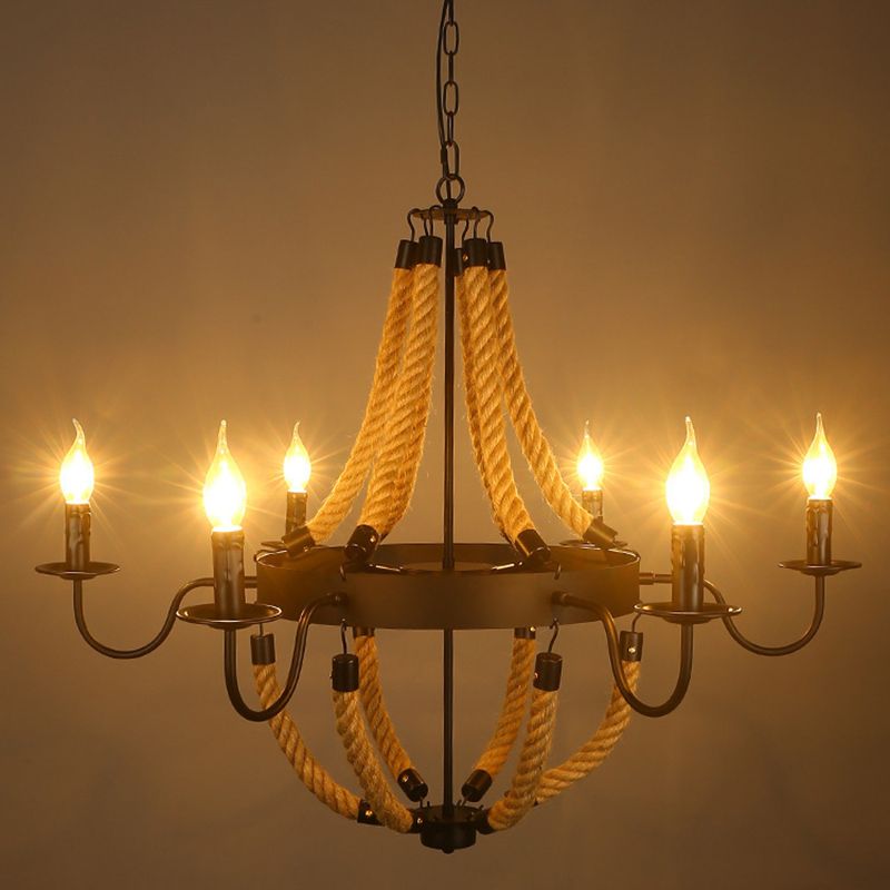 Rope Candelabra Pendant Light Fixture Retro Style Restaurant Chandelier Light in Black