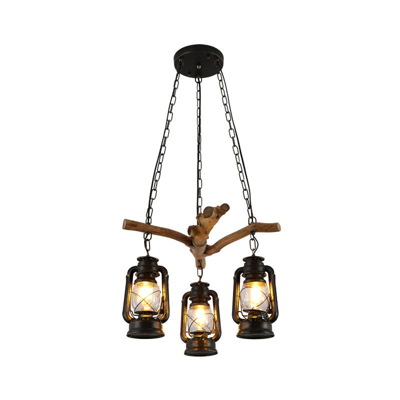 3/4 Lights Lantern Ceiling Light with Adjustable Metal Chain Industrial Clear Glass Hanging Chandelier in Black