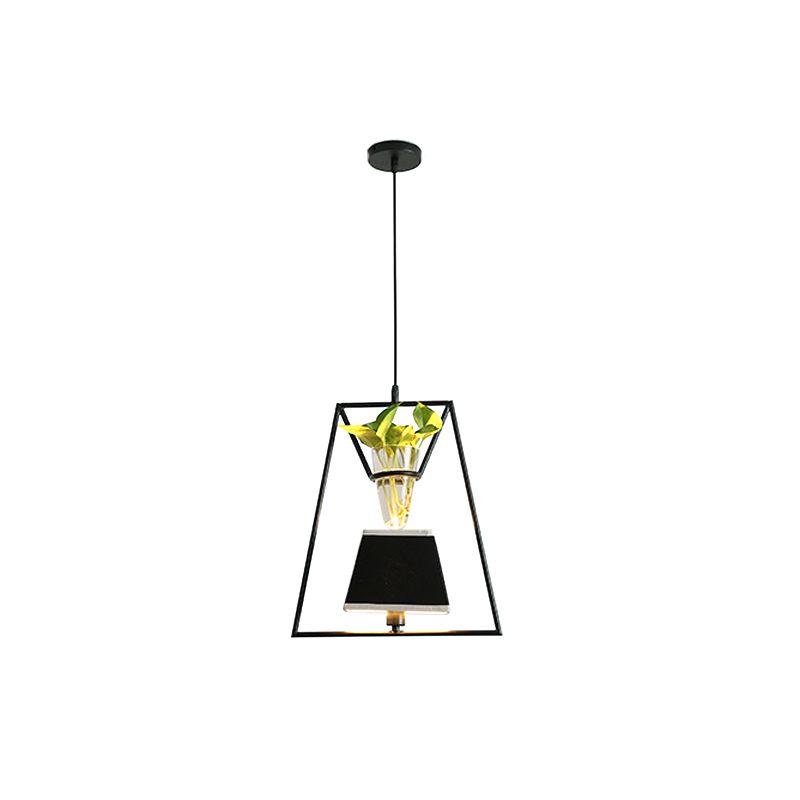 Fabric Tapered/Cylinder Pendant Light Rustic 1 Bulb Cafe Ceiling Light with Plant Pot and Oval/Trapezoid Frame in Black