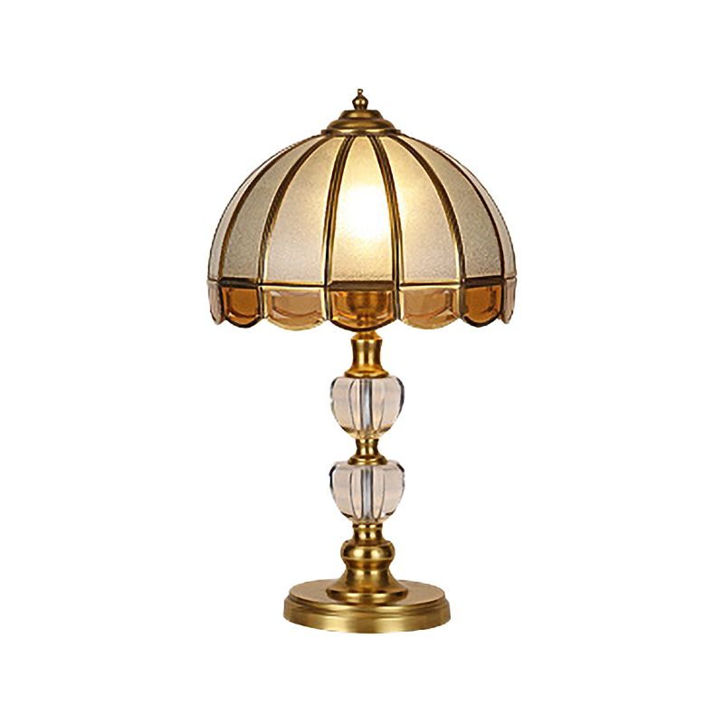 1 Bulb Night Table Lamp Vintage Scalloped Shade Beige/Frosted Glass Nightstand Light in Gold with Clear Crystal Accent