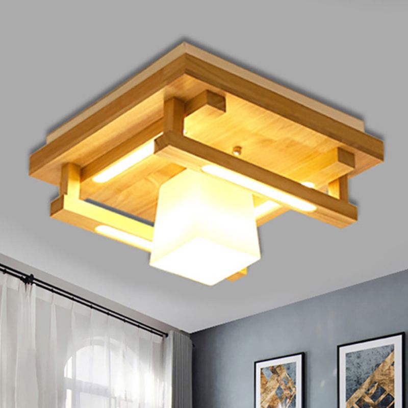 Wood Square Flush Mount Lighting Modernist 1/4/9 Lights Brown Led Flush Mount Light with White Glass Cubic Shade in White/Warm Light