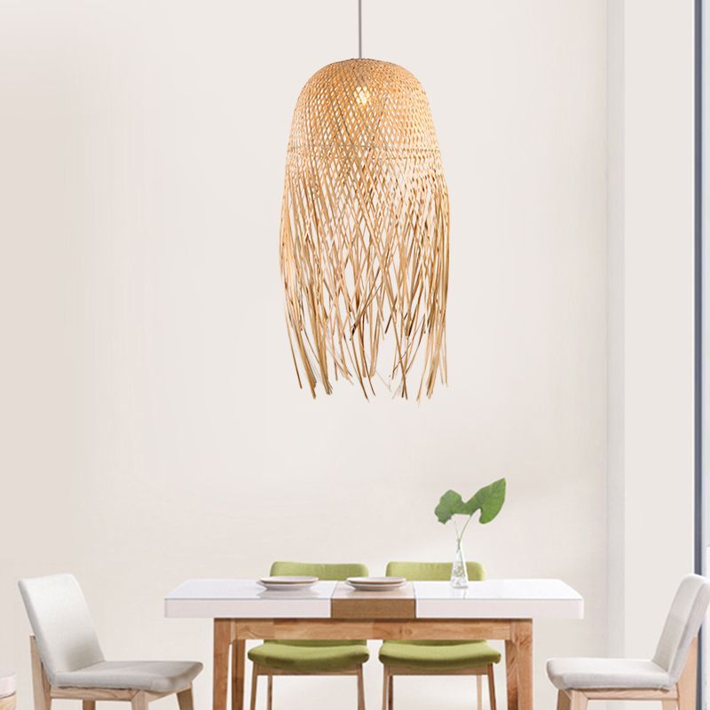 Dome Hand-Woven Bamboo Pendant Light Asian Style 1 Light Beige Suspension Lamp for Restaurant