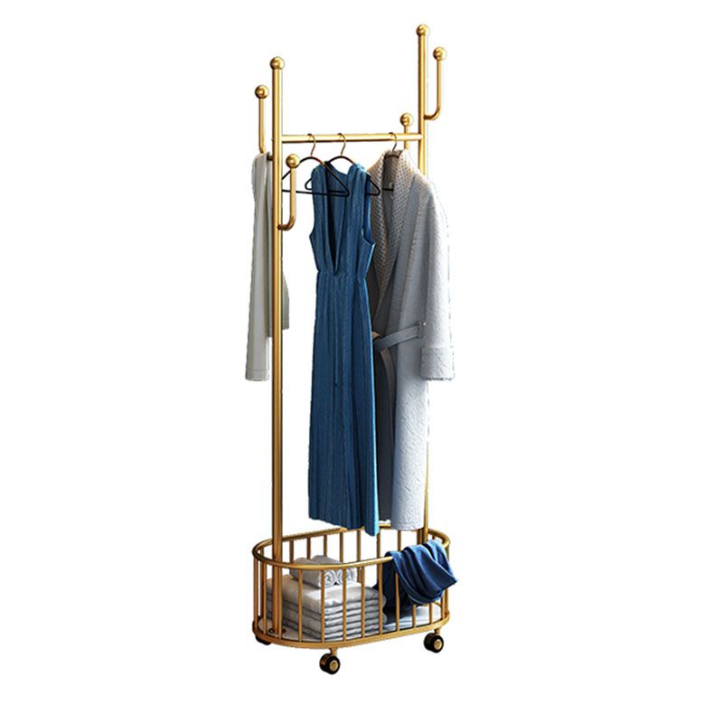 Luxurious Metal Coat Rack Free Standing Castors Coat Hooks with Basket