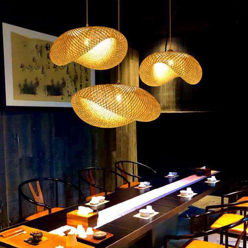 Log Color Geometric Pendant Light in Asian Style Bamboo Weaving Hanging Lamp for Commercial Place