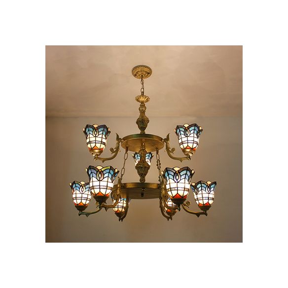 Baroque Bell Suspended Light with Adjustable Chain Stained Glass 2 Tiers Chandelier Lighting in Blue