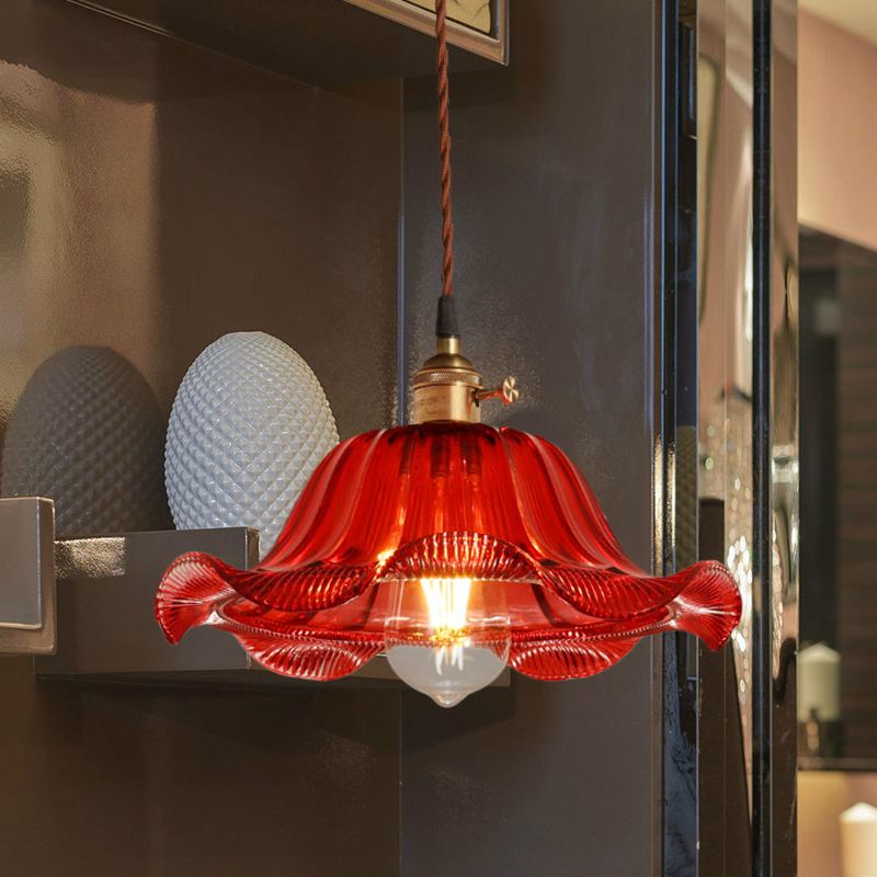 Scalloped Pendant Light Industrial 1 Light 8"/10"/12" Wide Red Glass Hanging Lamp for Living Room