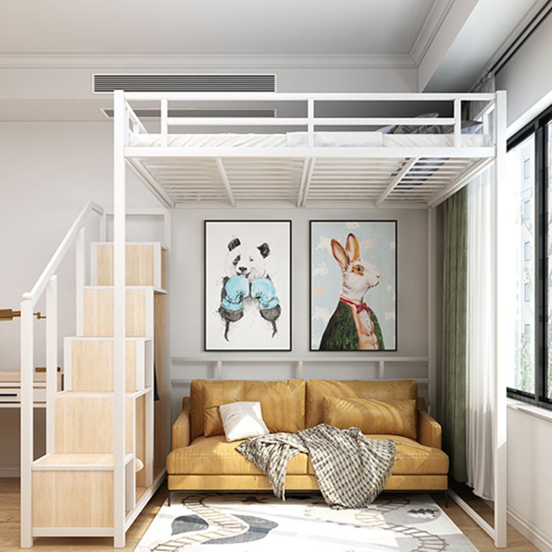 Metal Loft Bed Natural Storage Kids Bed with Guardrails and Shelves