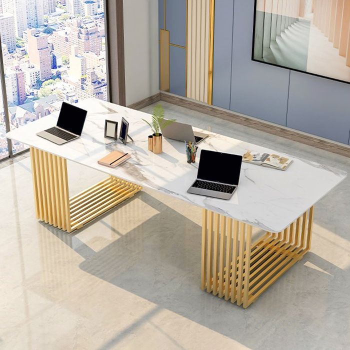 Rectangular Shaped Stone Conference Table 2 Legs Writing Desk in Gold/Black