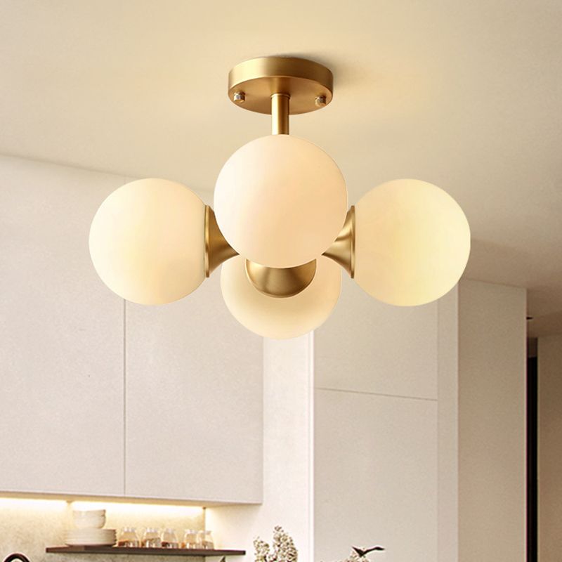 Ball Kitchen Ceiling Mount Light Opaline Glass 4 Bulbs Postmodern Semi Flush Light Fixture in Gold