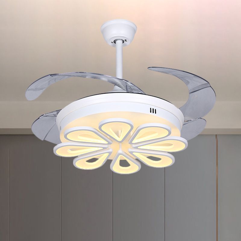 Contemporary Floral Hanging Fan Lamp Acrylic LED White Close to Ceiling Light with 4 Clear Blades, 42" W