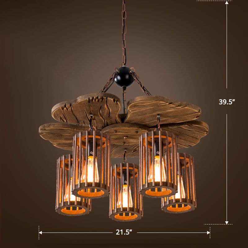 Cage Style Living Room Chandelier Industrial Wooden Brown and Black Suspension Light Fixture