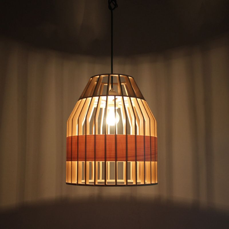 Japanese Bird Cage Pendant Light Fixture Wooden 1 Light Restaurant Hanging Ceiling Light in Yellow