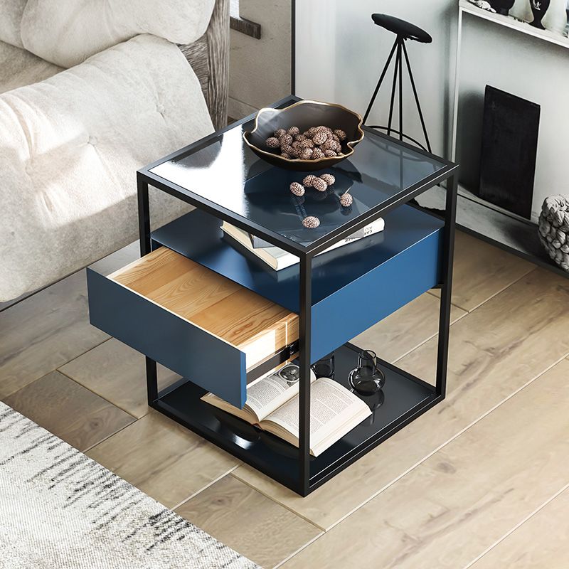 Industrial Drawers Included Bedside Cabinet Glass and Metal Nightstand for Bedroom