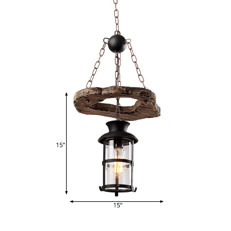 Cylinder Clear Glass Drop Pendant Loft 1-Head Dining Room Suspension Light in Black with Wood Circle Deco