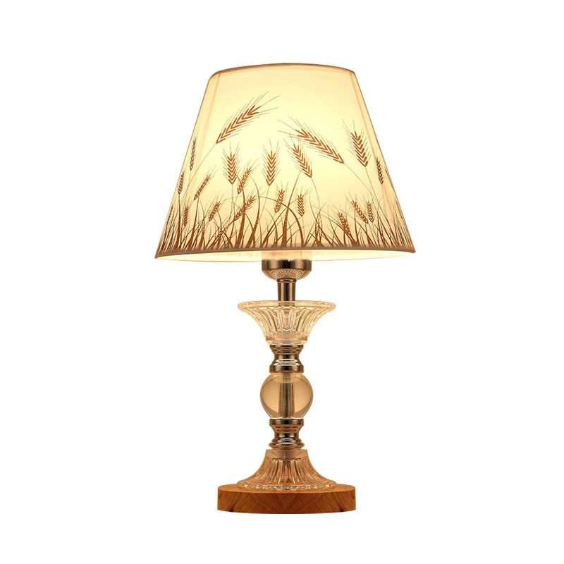 1-Bulb Spikelet Pattern Conic Table Lamp Countryside White Fabric Night Light with Chrome Column Base