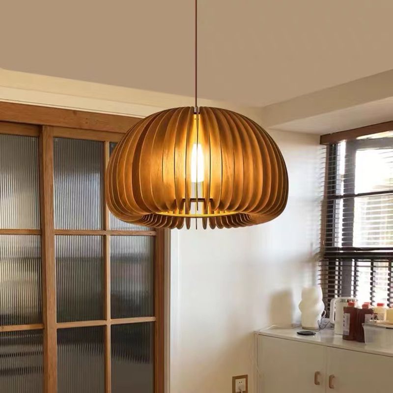 Modern Style Pumpkin Shape Pendant Lighting Wood 1 Light Pendant Light for Bedroom