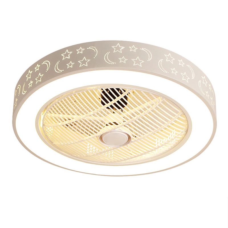 White Drum Shaped Fan Lamp Nordic LED Metal Semi Flush Light Fixture for Bedroom