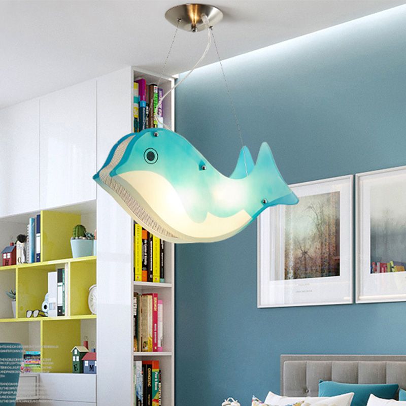 Modern Fish Hanging Light Metal Two Lights Blue Ceiling Pendant for Girls Bedroom