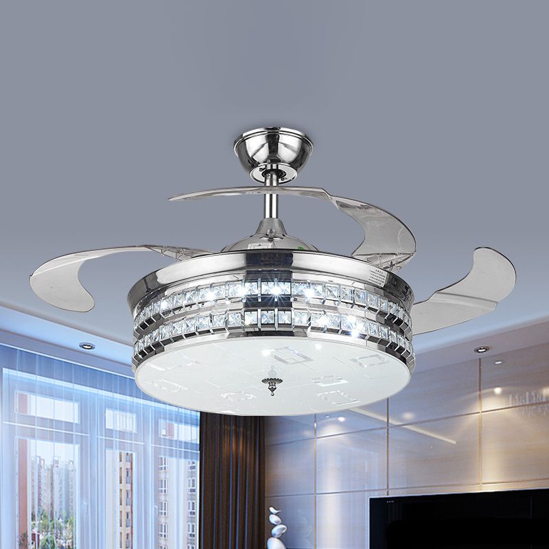 19" W Drum Metallic Hanging Fan Lamp Simplicity Silver/Gold LED Semi Mount Lighting with 3 Blades