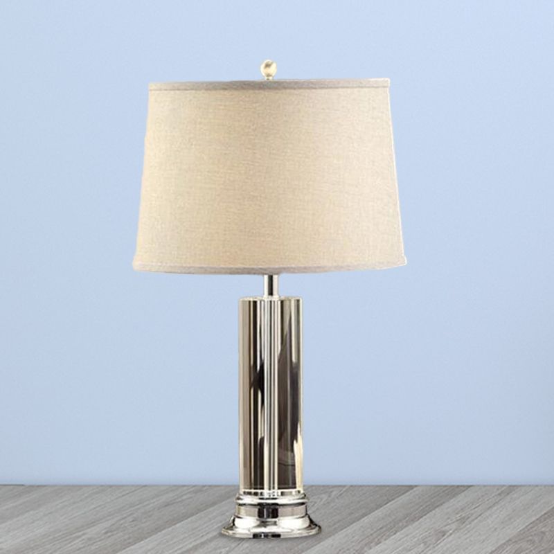 Traditional Barrel Shade Nightstand Lamp 1 Head Fabric Table Light in Beige with Cylinder K9 Crystal Post