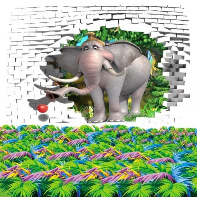 Customized Illustration Cartoon Mural with Elephant in the Brick Hole Pattern in Grey and Green