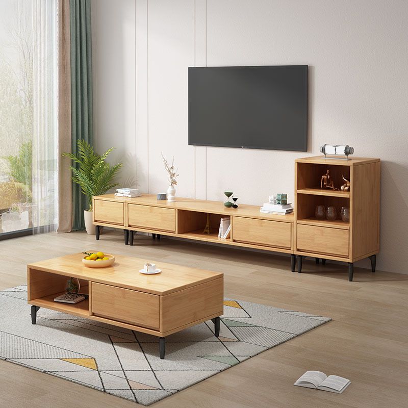 Modern Rubber Wood TV Stand Console Open Storage TV Media Stand with Legs for Living Room