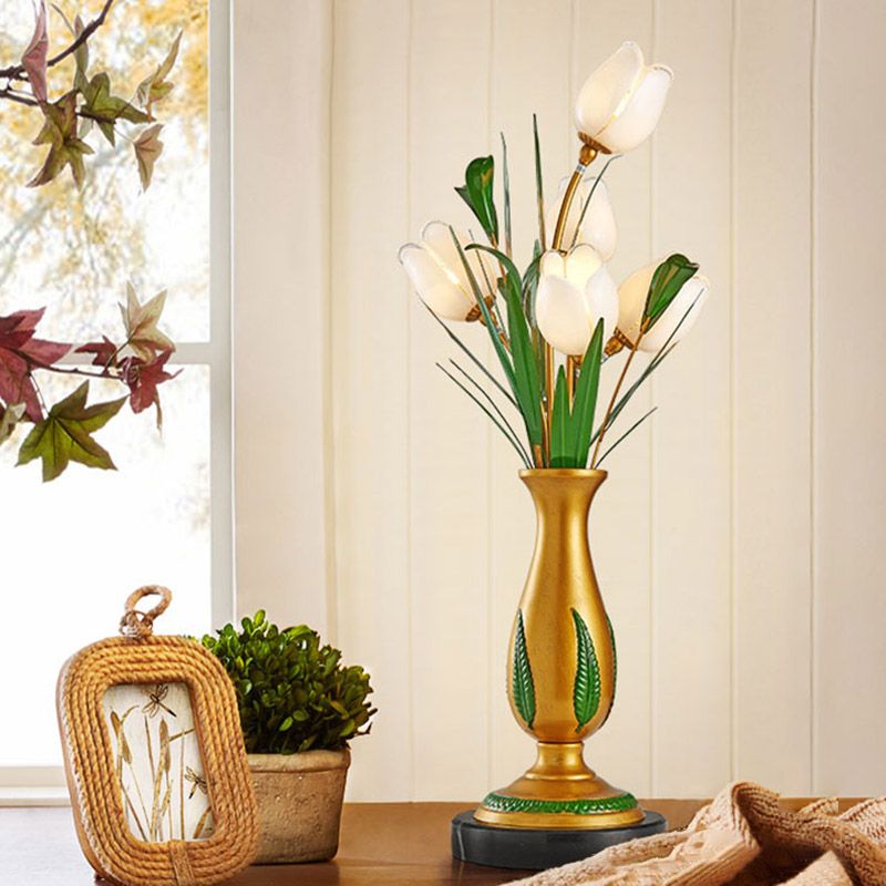 American Garden Floral Nightstand Lamp 5 Bulbs Metal LED Night Table Light in Gold for Living Room