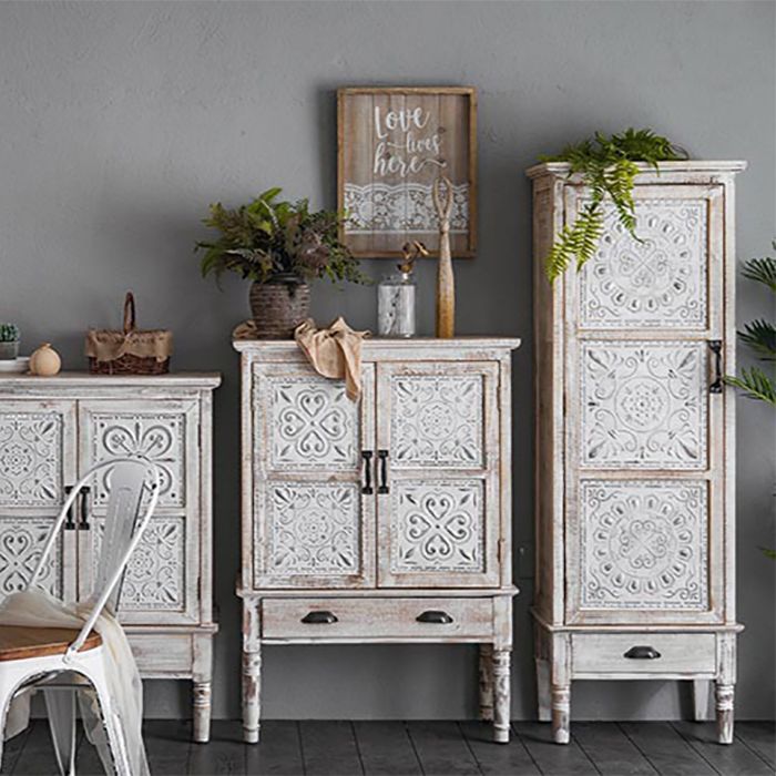 White Industrial Distressed Finish Cabinet with Drawer and Door