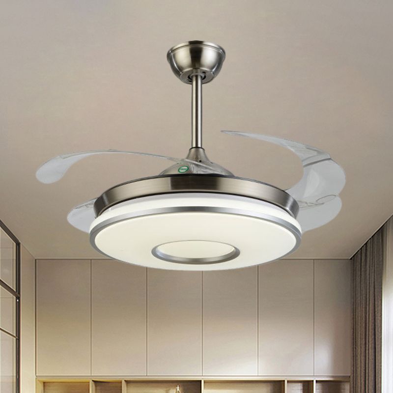 Silver Round Panel Ceiling Fan Lamp Simplicity LED Acrylic Semi Flush Mount Lighting with 4 Blades, 42" W