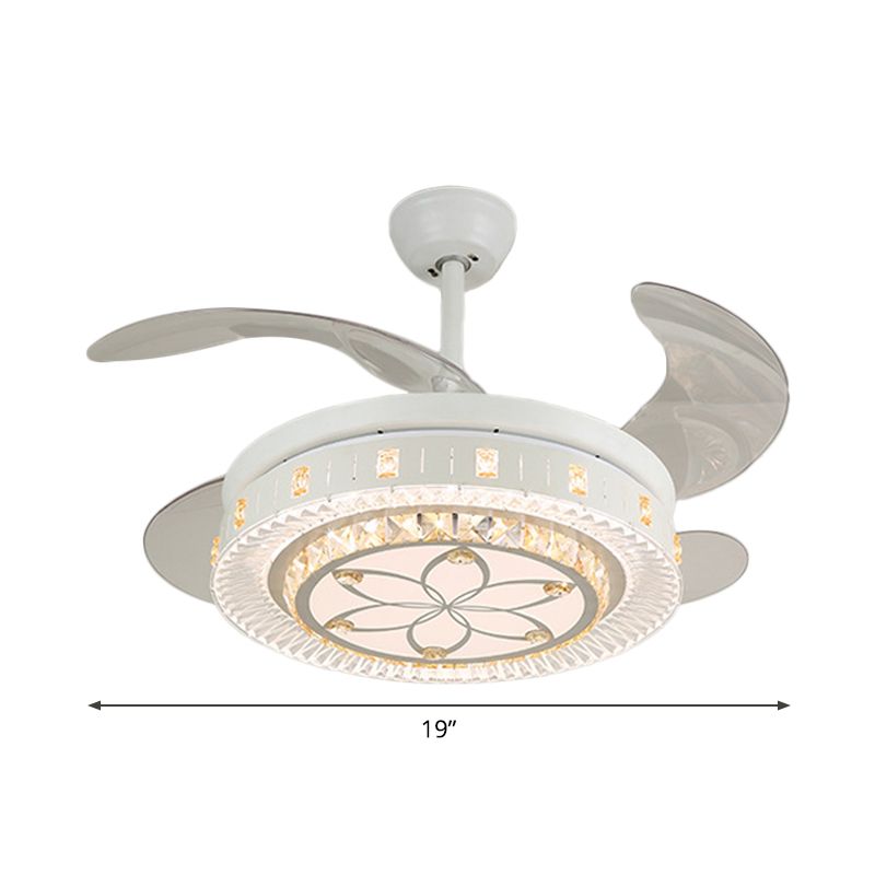 19" Wide White Layered Ceiling Fan Light Modernist LED Crystal Semi Flush Mount, 4 Blades